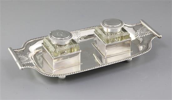 A late Victorian silver inkstand, by Martin, Hall & Co, length 262mm, weight 12.4oz/388grms.